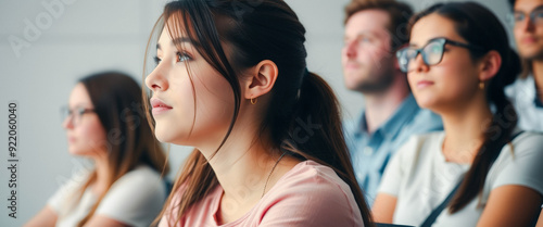 Young woman in pink shirt listening attentively in a group