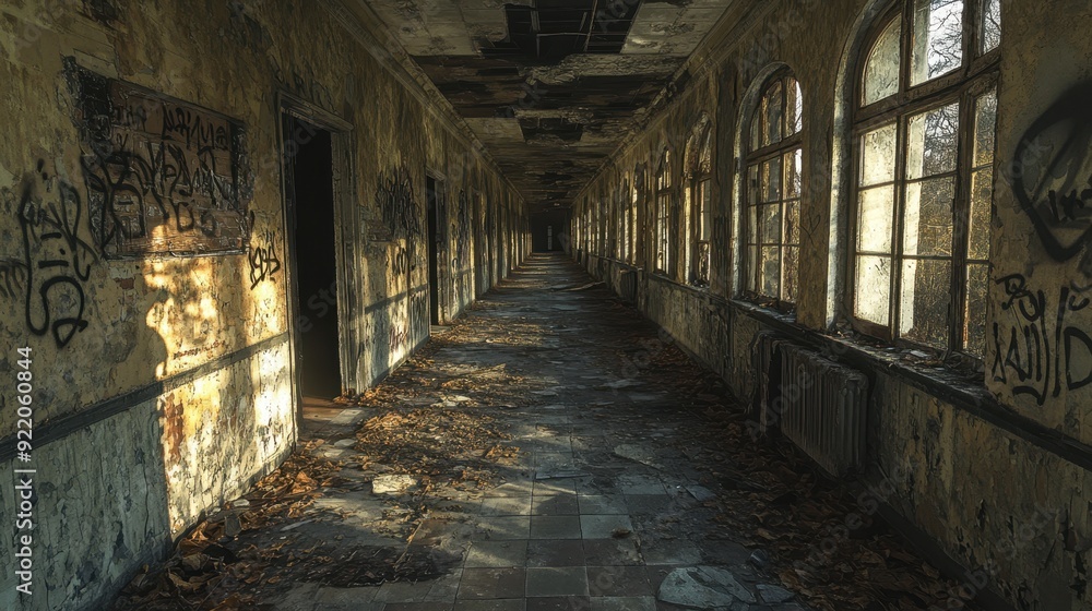 Haunting Scenes of an Abandoned Asylum - Broken Windows, Graffiti Walls, and Eerie Shadows in Hallways Haunting Scenes of an Abandoned Asylum - Broken Windows, Graffiti Walls, and Eerie Shadows in Hallways