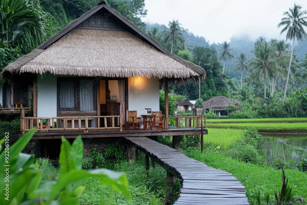 Cozy traditional bamboo bungalow by rice field, natural living