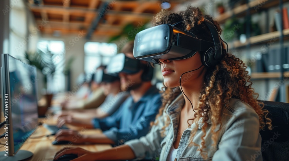 Virtual Collaboration: Employees using VR headsets and augmented reality tools to collaborate on projects in a high-tech workspace Virtual Collaboration: Employees using VR headsets and augmented reality tools to collaborate on projects in a high-tech workspace
