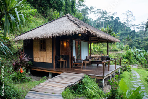 Cozy traditional bamboo bungalow by rice field, natural living