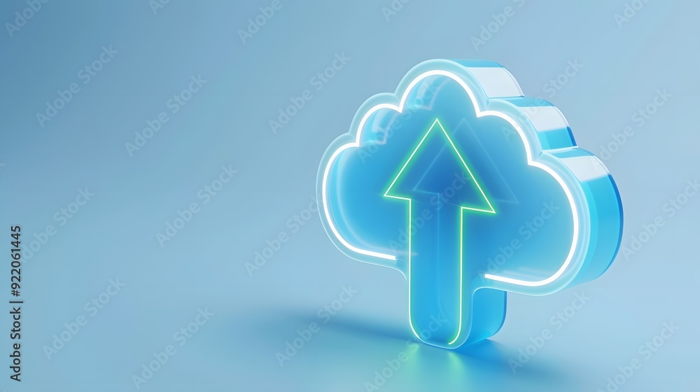 Neon cloud upload icon on a blue background symbolizing cloud computing, data transfer, and online storage with futuristic technology. Neon cloud upload icon on a blue background symbolizing cloud computing, data transfer, and online storage with futuristic technology.