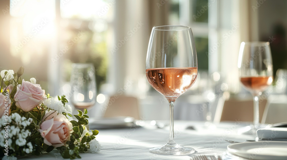 Banquet, restaurant. Table setting. Rose wine, glasses. background for the design Banquet, restaurant. Table setting. Rose wine, glasses. background for the design
