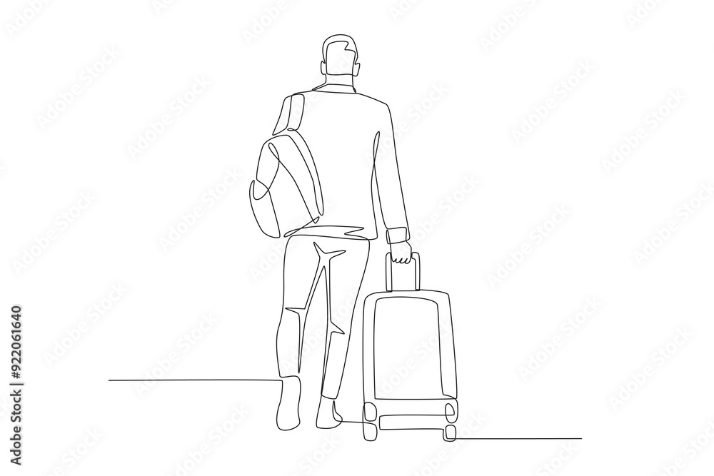 Men who are going on holiday carrying bags and suitcases. Holiday travel concept one-line drawing Men who are going on holiday carrying bags and suitcases. Holiday travel concept one-line drawing