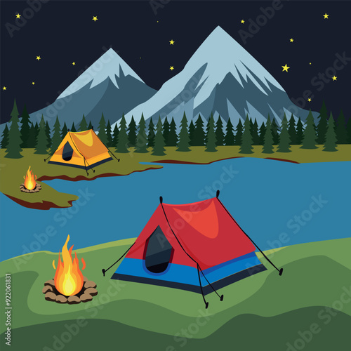 Camping on the riverbank. Overnight in the forest in the foothills. Vector landscape.