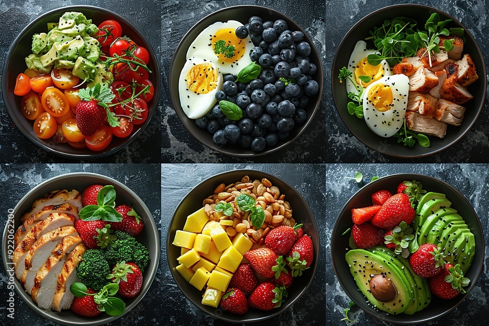 A collection of bowls filled with various fruits and vegetables A collection of bowls filled with various fruits and vegetables
