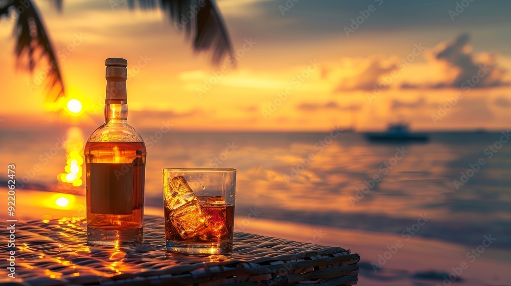 A bottle of liquor and a glass of ice-cold drink sit on a table overlooking a breathtaking tropical sunset, symbolizing relaxation, vacation, and the beauty of nature. A bottle of liquor and a glass of ice-cold drink sit on a table overlooking a breathtaking tropical sunset, symbolizing relaxation, vacation, and the beauty of nature.