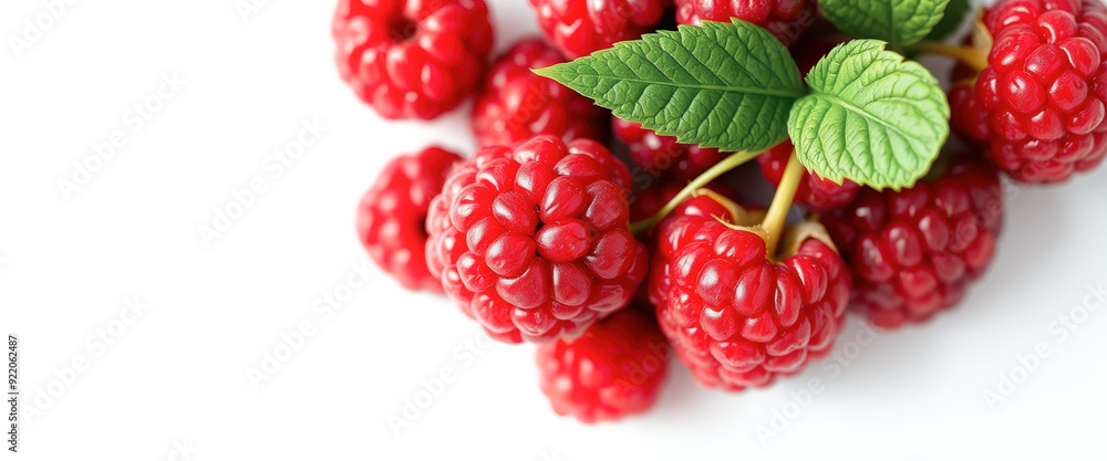 Close-Up of Fresh Raspberries with Green Leaves Close-Up of Fresh Raspberries with Green Leaves