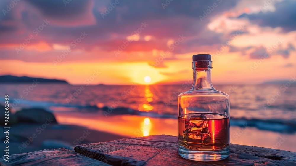 A bottle of whiskey sits on a wooden plank on a beach at sunset. The bottle is filled with amber liquid and ice cubes, symbolizing relaxation, enjoyment, escape A bottle of whiskey sits on a wooden plank on a beach at sunset. The bottle is filled with amber liquid and ice cubes, symbolizing relaxation, enjoyment, escape