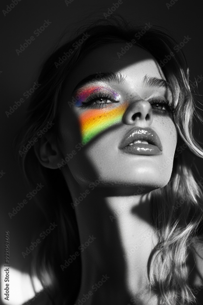 A black-and-white portrait of a female model with rainbow-colored makeup highlighting the eyes. A black-and-white portrait of a female model with rainbow-colored makeup highlighting the eyes.
