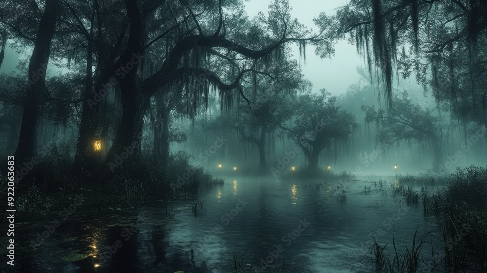 Sinister, mist-covered swamp with gnarled trees and ghostly lights hovering above the water Sinister, mist-covered swamp with gnarled trees and ghostly lights hovering above the water