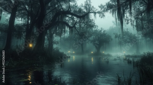 Sinister, mist-covered swamp with gnarled trees and ghostly lights hovering above the water