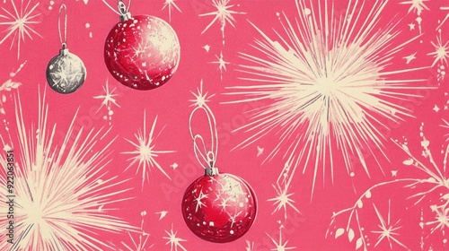 1950s Vintage Ornament and Starburst Pattern on Pink Background