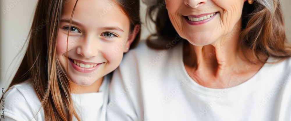Close up of a grandmother and granddaughter smiling at each other Close up of a grandmother and granddaughter smiling at each other
