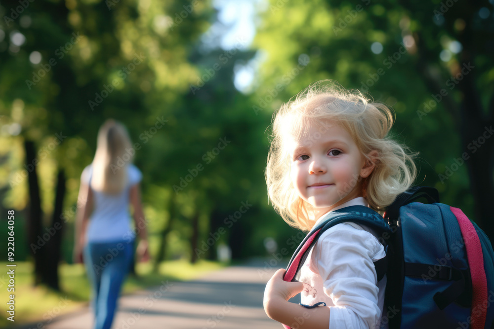 Beautiful girl, in a school uniform, with a school backpack walking on the path in public park. Return to school, September 1 Beautiful girl, in a school uniform, with a school backpack walking on the path in public park. Return to school, September 1