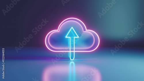 Neon glowing cloud icon with an upward arrow symbolizing cloud computing, storage, and data transfer. Futuristic technology concept.