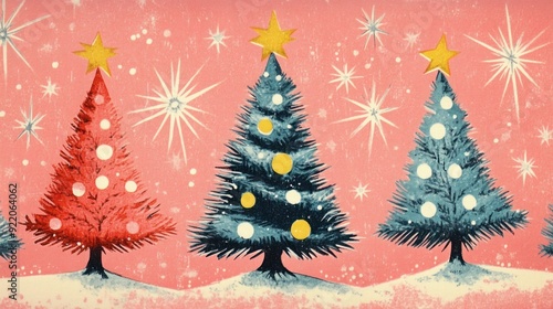 1950s Vintage Christmas Tree Pattern on Pink Background
