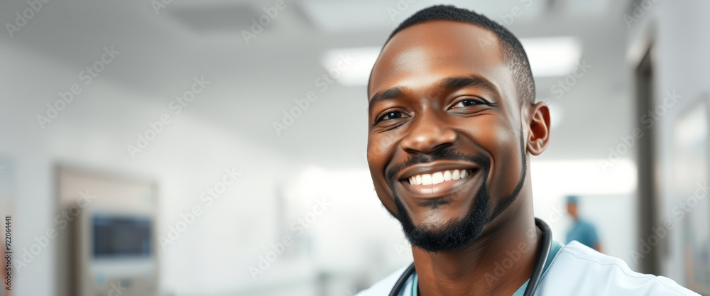 Naklejka premium Portrait of a smiling African American doctor in a hospital corridor