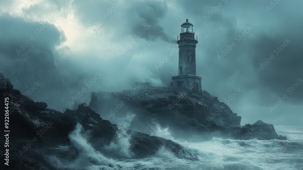 Eerie Abandoned Lighthouse Standing Tall on Rocky Cliff in Dense Fog with Dramatic Crashing Waves Below Eerie Abandoned Lighthouse Standing Tall on Rocky Cliff in Dense Fog with Dramatic Crashing Waves Below
