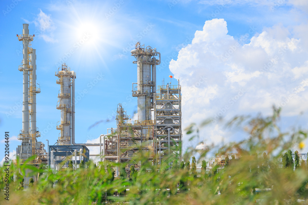 Fototapeta premium Green plant with Industrial, Oil and Gas Refinery plant with tree. Green industry eco production for sustainable saving environmental friendly low carbon footprint concept.