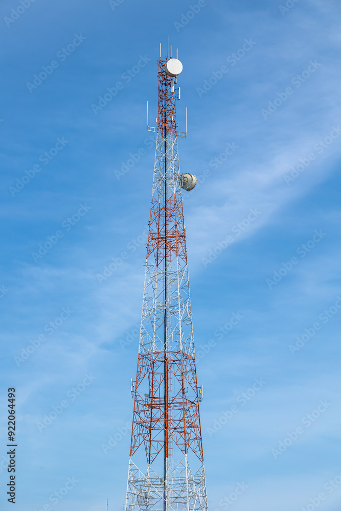 Telecommunication tower 5G Signal tower, Wireless Antenna connection system of communication systems against blue sky Telecommunication tower 5G Signal tower, Wireless Antenna connection system of communication systems against blue sky