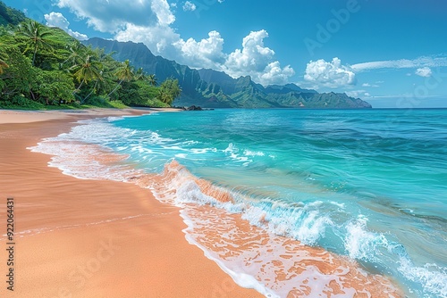 Fototapeta Naklejka Na Ścianę i Meble -  A beautiful beach with a blue ocean and mountains in the background