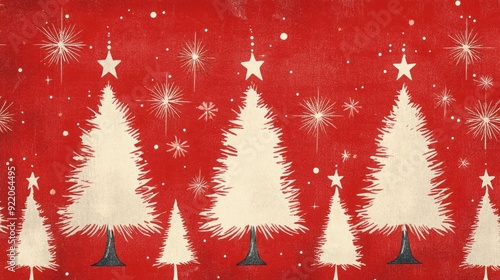 Retro 1950s Christmas Tree Pattern on Red Background