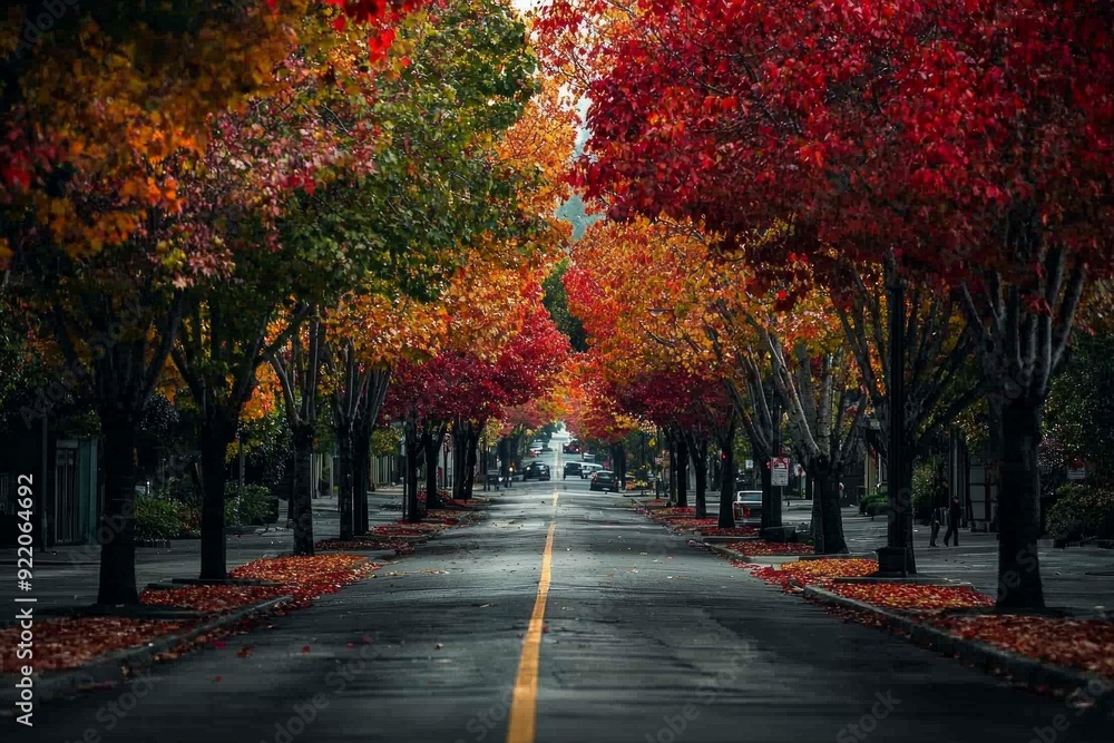 Naklejka premium A city street lined with trees, their leaves changing colors in a gradient from green to red.