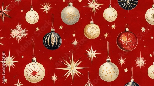 1950s Vintage Christmas Ornaments and Baubles on Red Background