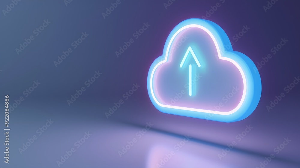 Neon-illuminated cloud icon with an upward arrow, symbolizing data upload and cloud technology in a futuristic design. Neon-illuminated cloud icon with an upward arrow, symbolizing data upload and cloud technology in a futuristic design.