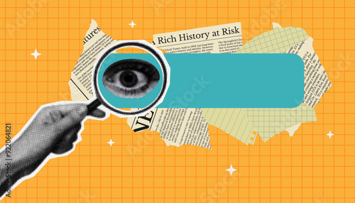 Background with halftone hand hold magnifier and torn papers. Collage element for search concept. Find information in internet browser.