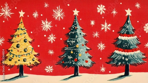 Retro 1950s Christmas Tree Pattern on Red Background