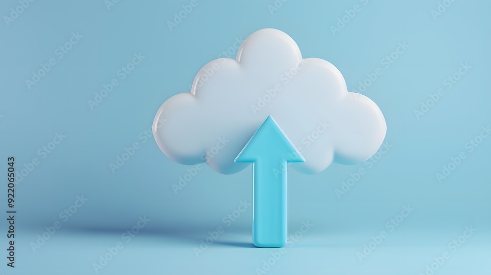 Stylized cloud icon with an upward arrow symbolizing cloud storage and data upload. Minimalist design with blue background. Stylized cloud icon with an upward arrow symbolizing cloud storage and data upload. Minimalist design with blue background.