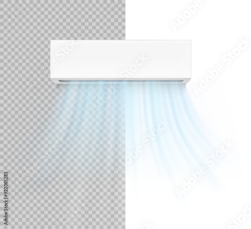 Air conditioner with air flow isolated on white  and transparent background. Vector illustration. Ready for your design, great for infographic. EPS10.