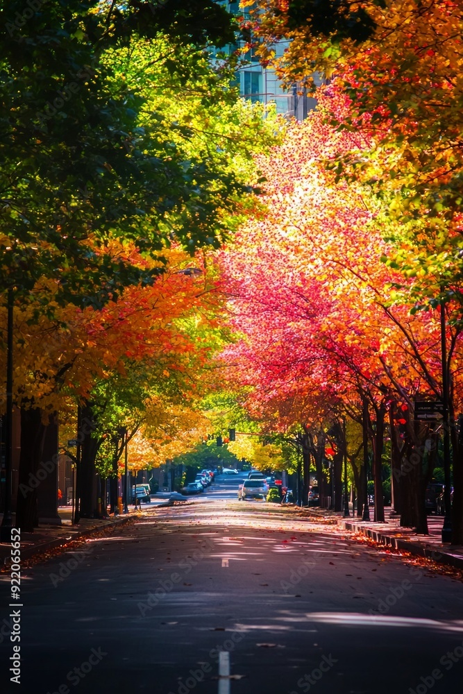 Naklejka premium A city street lined with trees, their leaves changing colors in a gradient from green to red. 