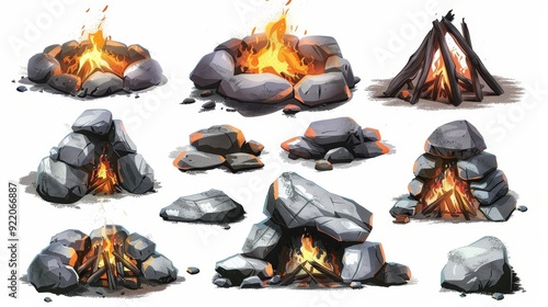 Fototapeta Naklejka Na Ścianę i Meble -  A collection of 9 realistic campfire stones, perfect for adding detail to game environments, illustrations, and other creative projects. These stones are ready to be used in any setting.