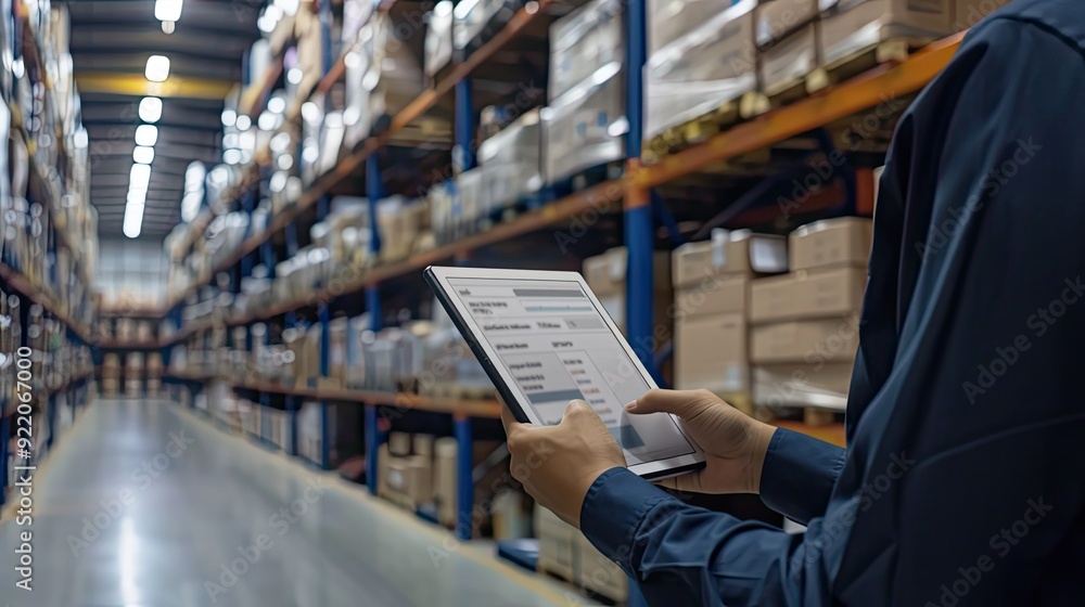 Warehouse Worker Using Tablet for Inventory Management Warehouse Worker Using Tablet for Inventory Management