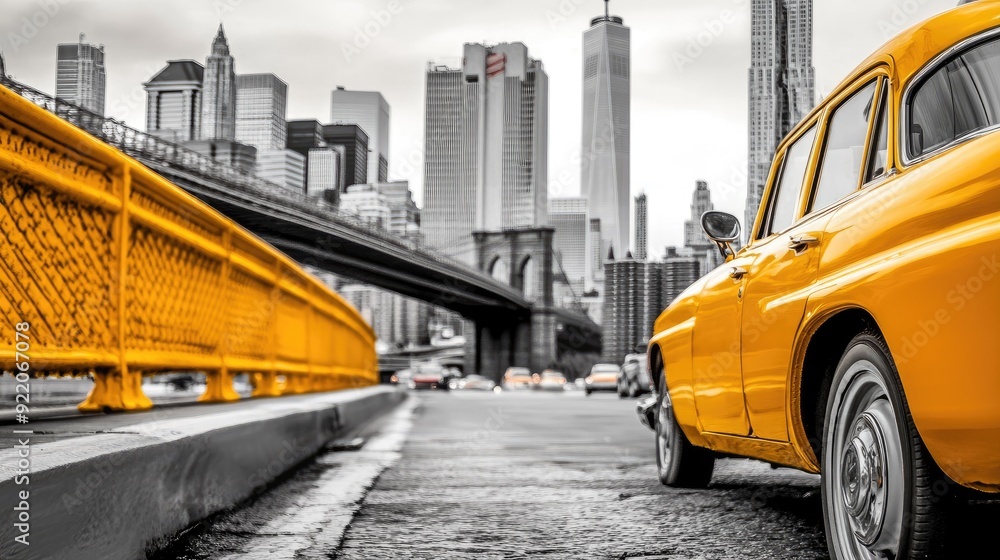 Fototapeta premium A classic yellow taxi driving through the streets of New York City, with the iconic skyline in the background.