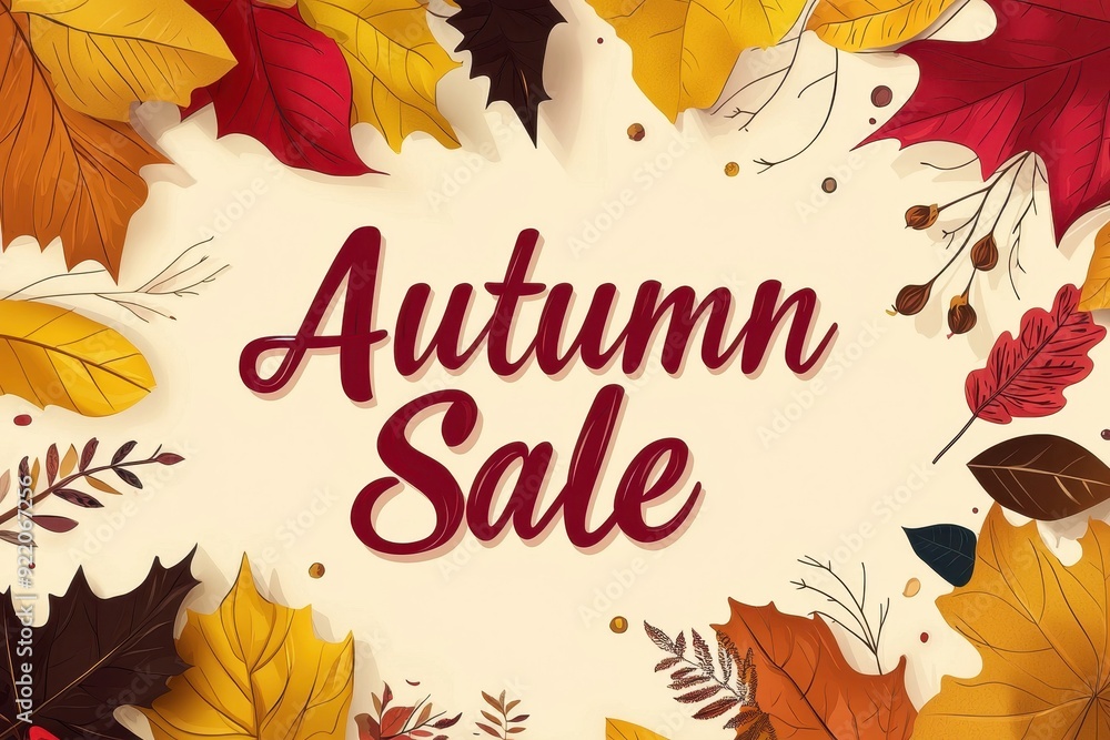 Flat design illustration for an Autumn Sale featuring colorful leaves and bold typography on a red background. E-commerce Shop Marketing Concept Flat design illustration for an Autumn Sale featuring colorful leaves and bold typography on a red background. E-commerce Shop Marketing Concept
