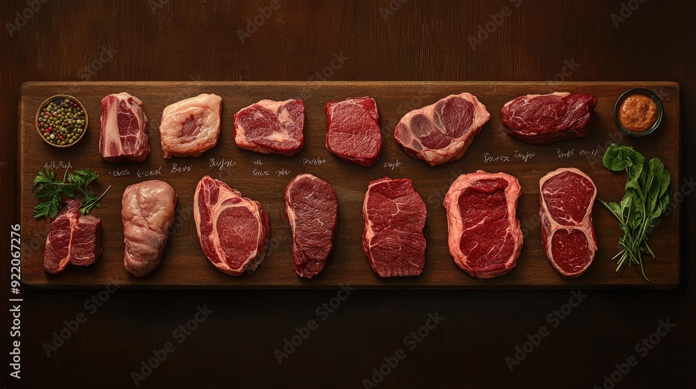 A detailed display of various beef cuts on a butcher board, each labeled with its name, from ribeye to sirloin. A detailed display of various beef cuts on a butcher board, each labeled with its name, from ribeye to sirloin.