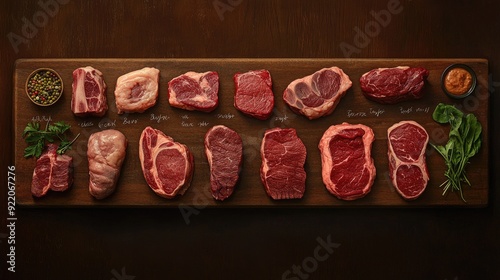 A detailed display of various beef cuts on a butcher board, each labeled with its name, from ribeye to sirloin.