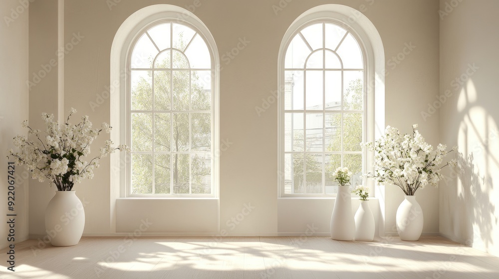 Elegant interior with two spacious windows, white vases holding blooming flowers, and minimalistic decor. Elegant interior with two spacious windows, white vases holding blooming flowers, and minimalistic decor.