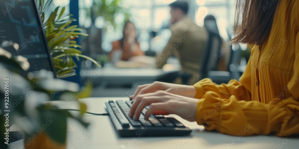 Keyboard, computer, black woman work on email, sales, or office typing. Plan, computer, and young female employee write corporate report, advertising, or marketing proposal. Keyboard, computer, black woman work on email, sales, or office typing. Plan, computer, and young female employee write corporate report, advertising, or marketing proposal.