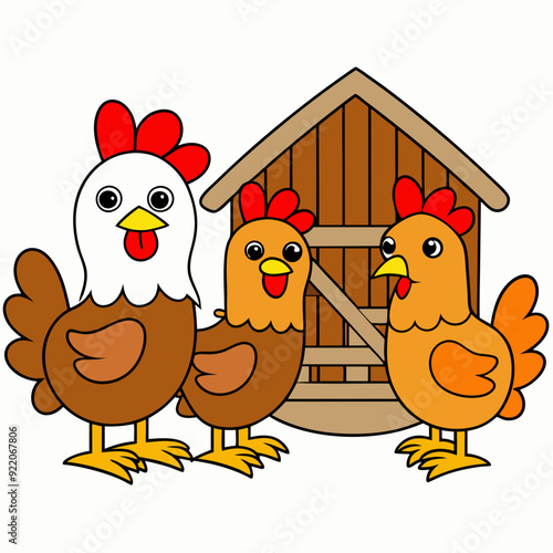 Chickens roaming in a barnyard silhouette vector illustration 