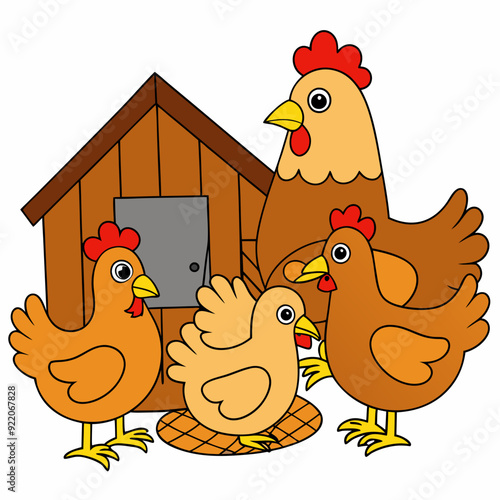 Chickens roaming in a barnyard silhouette vector illustration 