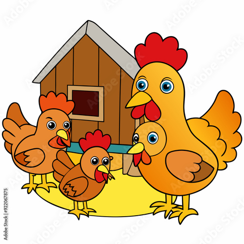 Chickens roaming in a barnyard silhouette vector illustration 