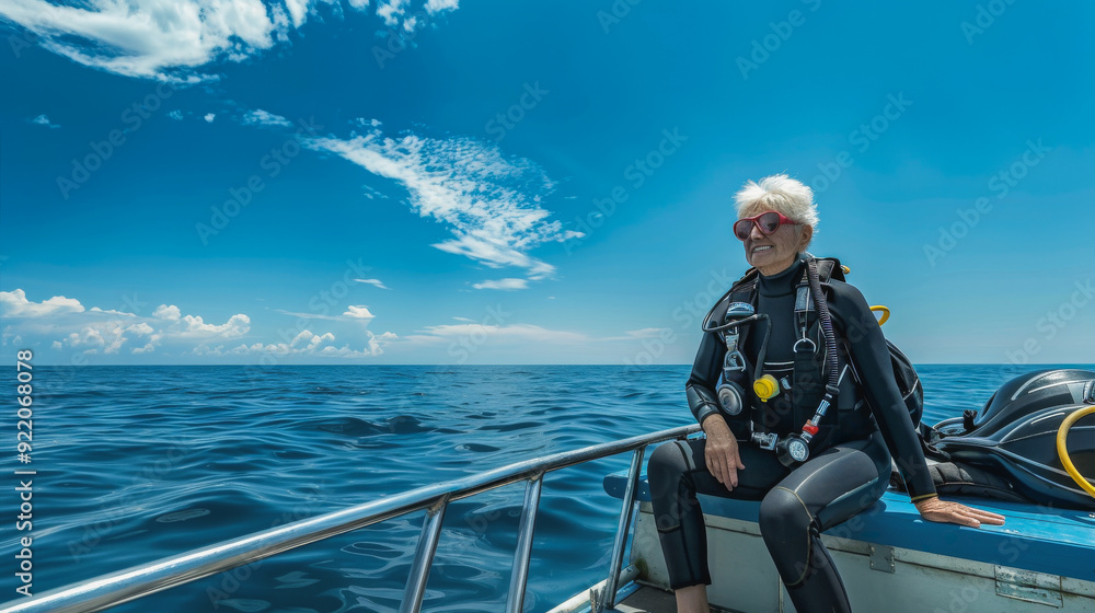 Obraz premium Equipped diving senior woman sitting on the deck of a boat - Extreme water sport and healthy elderly concept - Model by AI generative