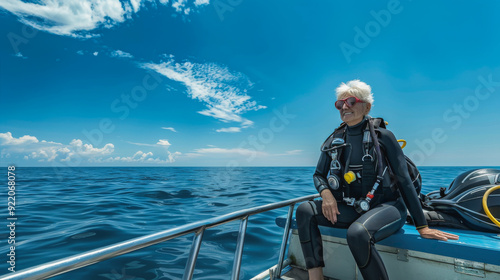 Equipped diving senior woman sitting on the deck of a boat - Extreme water sport and healthy elderly concept - Model by AI generative