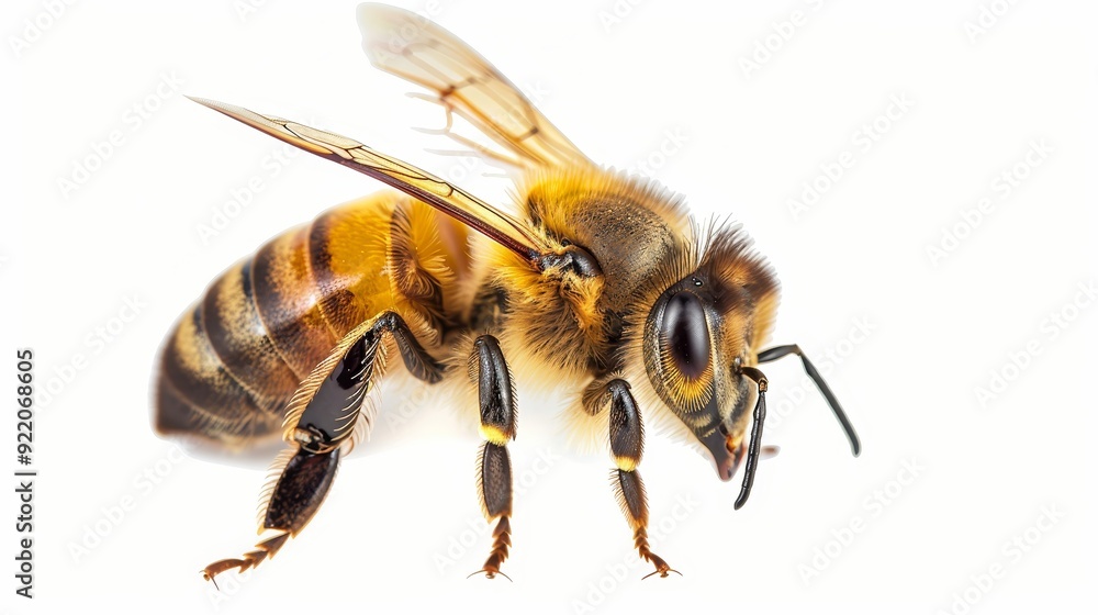 A detailed image of a honeybee, showcasing its intricate features, including its wings, legs, and antennae. The bee's hairy body and compound eyes are clearly visible A detailed image of a honeybee, showcasing its intricate features, including its wings, legs, and antennae. The bee's hairy body and compound eyes are clearly visible