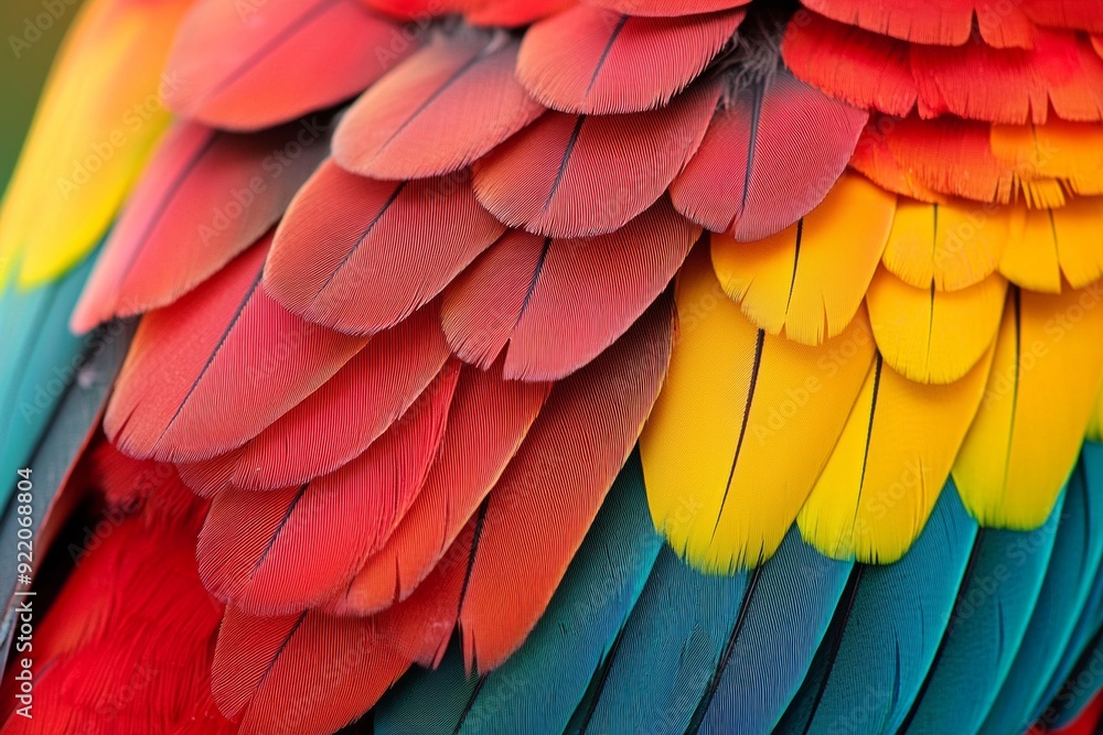 Obraz premium A close-up of a vibrant parrot's feathers, showcasing a spectrum of bright colors.